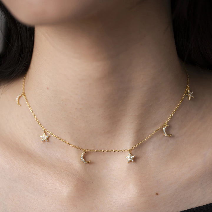 Celestial Gold Moon & Star Charm Necklace