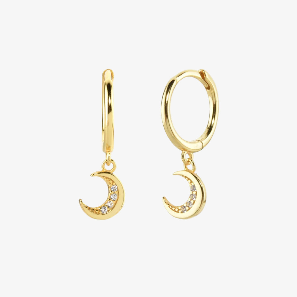 Gold hoop earrings with moon-shaped pendants